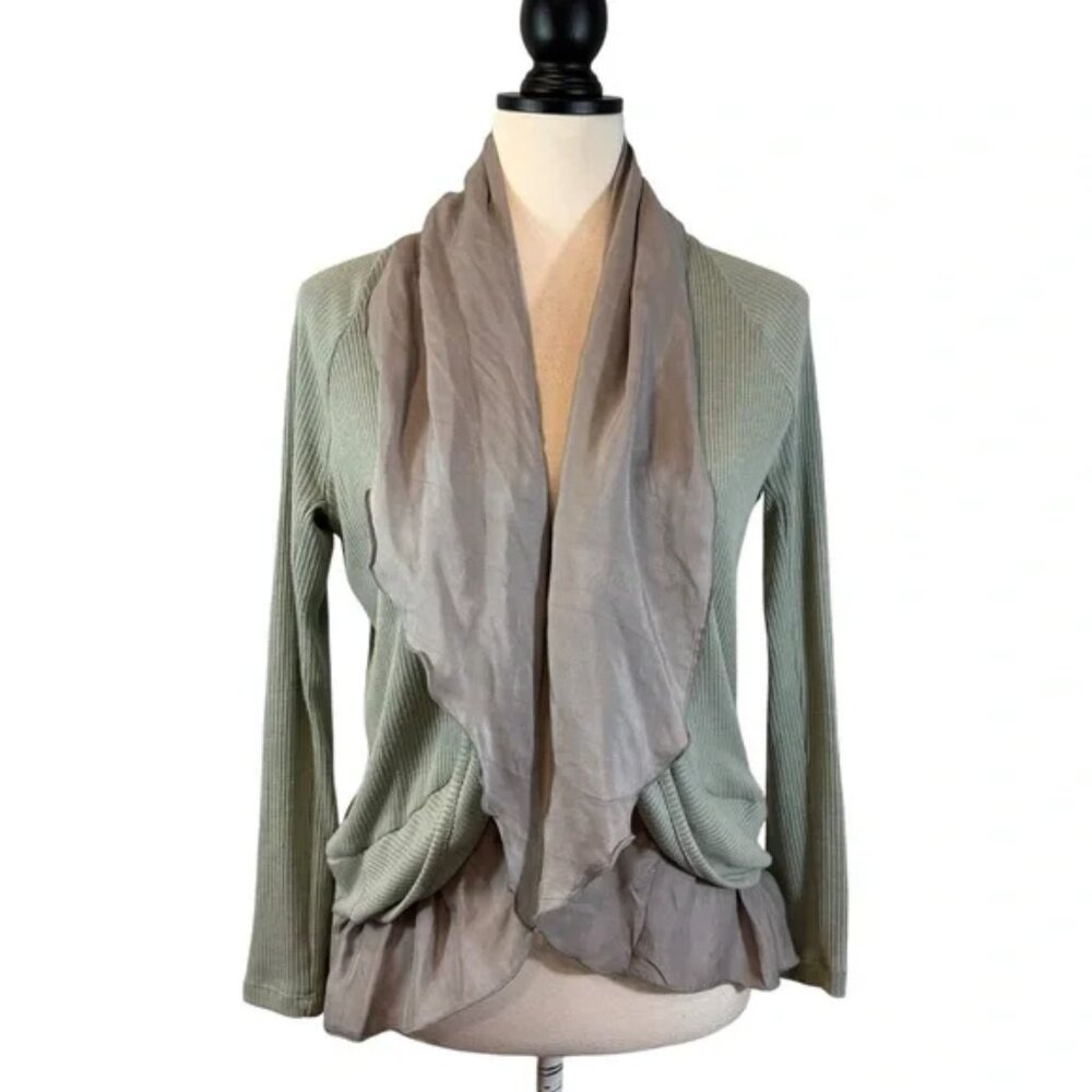 Left Coast Cardigan Sweater Taupe Green-Gray Bamboo Silk Open Front, Size XS